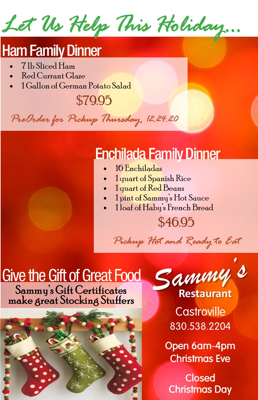 Preorder Your Holiday Ham Dinner for Pickup Christmas Eve… Sammy's